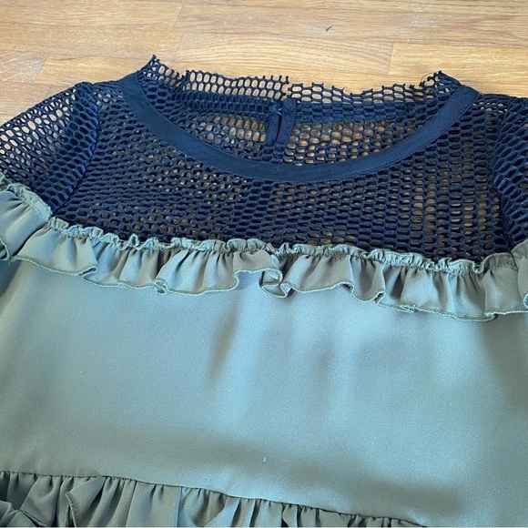 David Naman Italian Designer Green Mini Ruffle Dress with Mesh and Long Sleeves - Picture 5 of 13